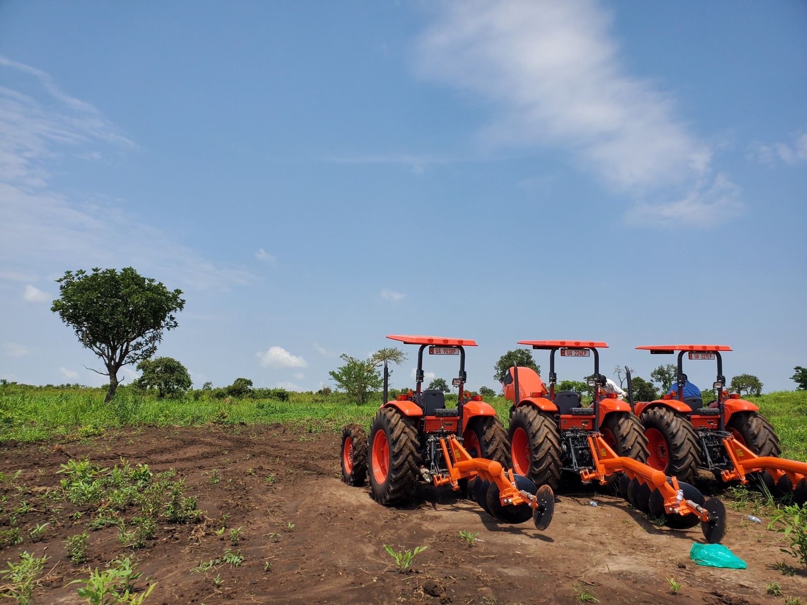 Kubota tractors with disc ploughs lined up at the Lakang field